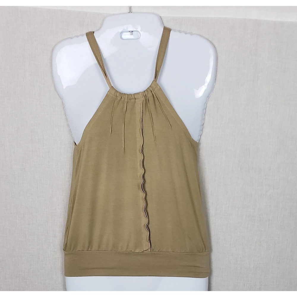 Hard Tail Forever Khaki Tan Halter Top Lettuce Trim Banded Hem S Earthy Y2K USA